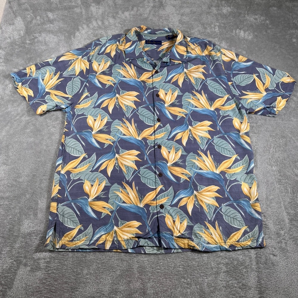Vtg Reyn Spooner Hawaiian Shirt Mens Large Blue Bird of Paradise Floral Rayon